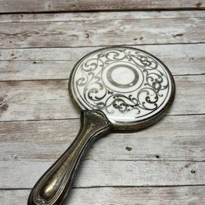 Vintage Hand Held Mirror Silver Color Embossed Flowers Floral Print